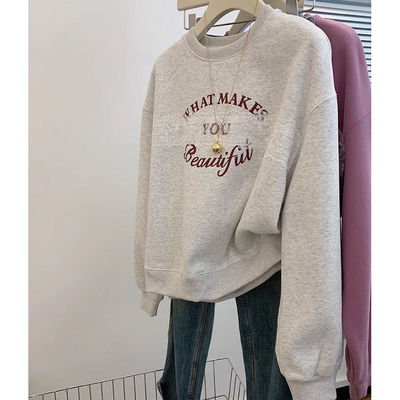 加绒加厚圆领套头卫衣女小个子设计感小众宽松显瘦正肩花灰色