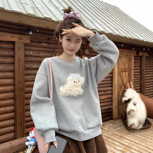 加绒加厚毛绒小狗长袖卫衣女2024秋冬新款甜美保暖宽松无帽上衣潮