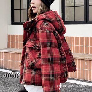 圣诞新年红色格子羽绒棉服女款短款冬季2024新款设计感外套小个子