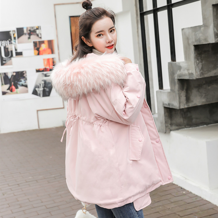 冬装2018新款韩版连帽大毛领粉色羽绒棉衣女装ifashion棉服外套
