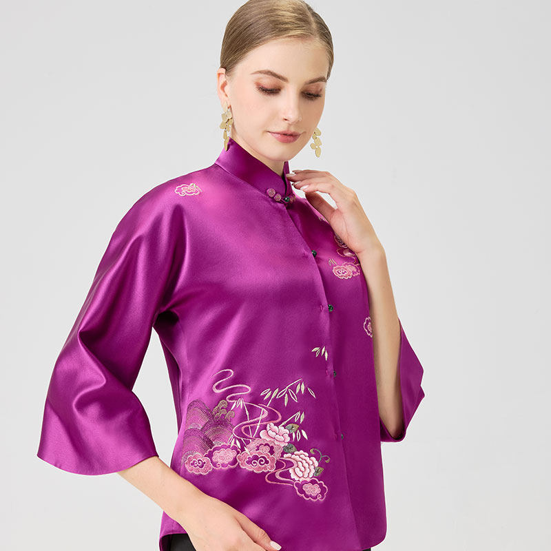 改良立领修身新款真丝绸缎重工刺绣盘扣新中式女式唐装短款上衣