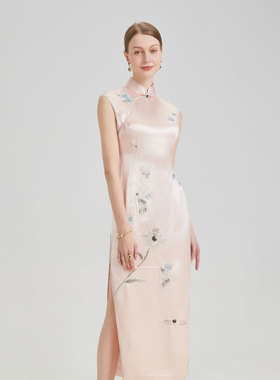 现货2025新款海派手推绣真丝修身减龄妈妈晚宴礼服裙手工长款旗袍