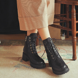 奈里复古牛皮厚底粗中跟马丁靴圆头系带气质小个子英伦风女工装靴