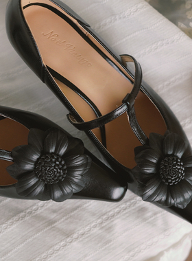 奈里法式黑色赫本小香设计山茶花vintage大码40高跟鞋细中跟单鞋