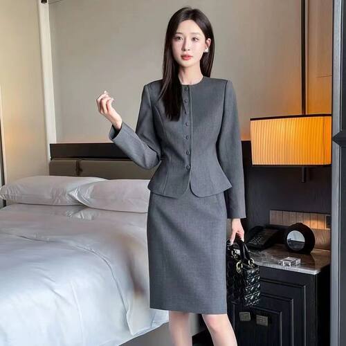 通勤复古轻熟女单排扣灰色西服
