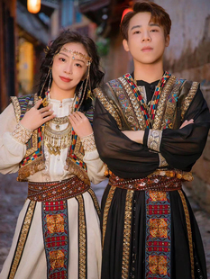 古国公主男女情侣服装黑色米白色金色饰品帽子头纱全套西域风摄影