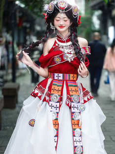 纳西族服装女改良版头饰礼服长裙云南贵州旅拍摄影少数民族演出服