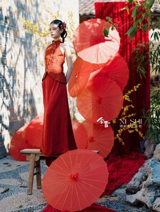 国风套装 高级感新中式 裙子 夏季 旅拍写真红色旗袍连衣裙女2025新款