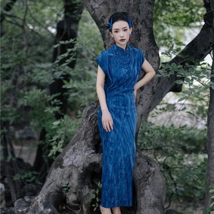 ChuXinBridal复古旗袍改良旗袍新中式 国风晨袍立领气质蓝优雅礼服