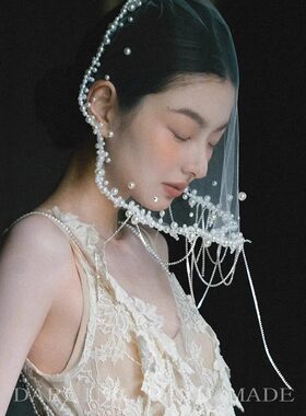 复古人造珍珠短款头纱发饰白色盖头面纱婚纱影楼写真造型新娘头饰