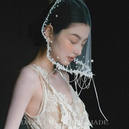 复古人造珍珠短款头纱发饰白色盖头面纱婚纱影楼写真造型新娘头饰