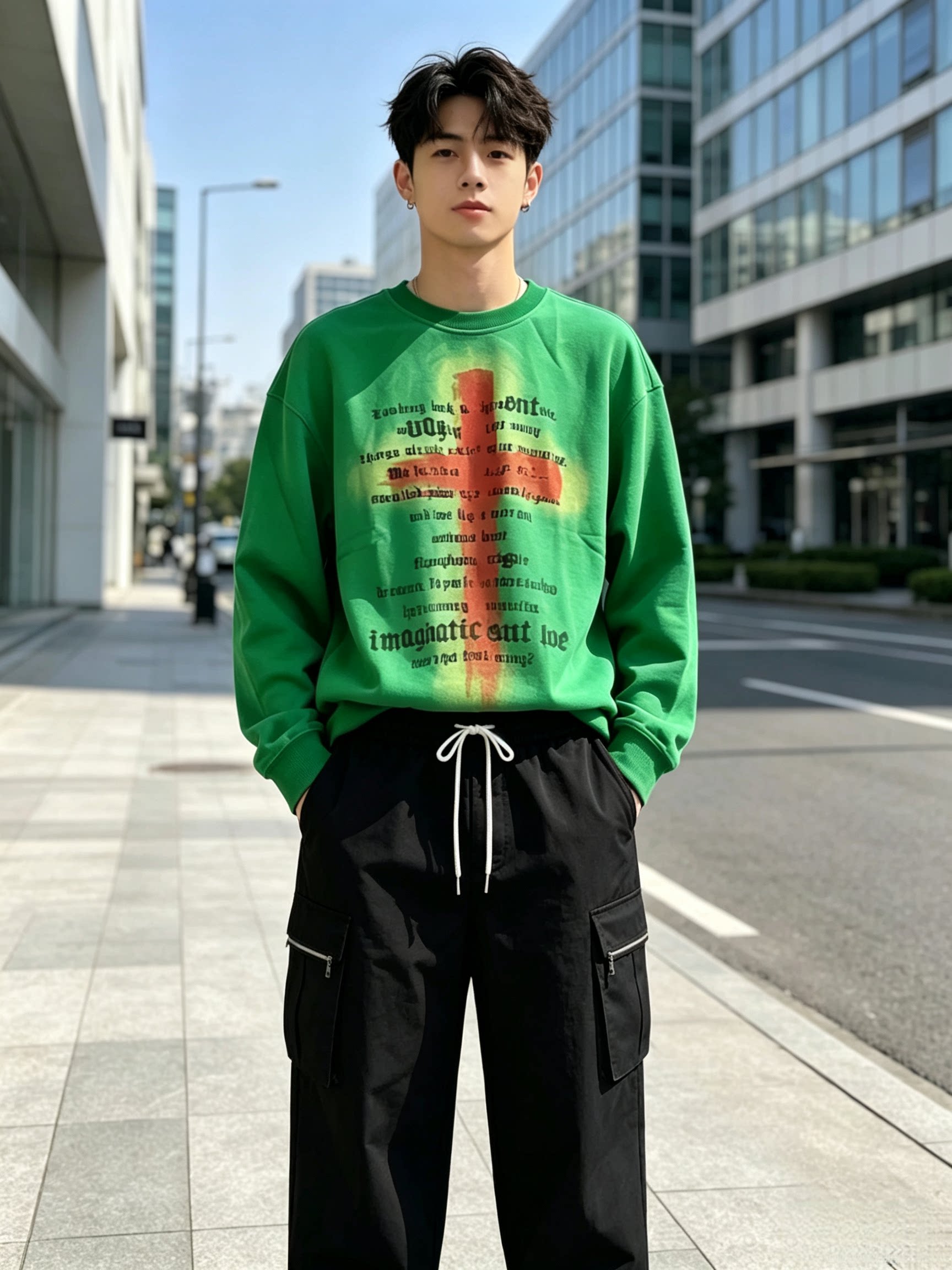 美式做旧十字架印花宽松男卫衣