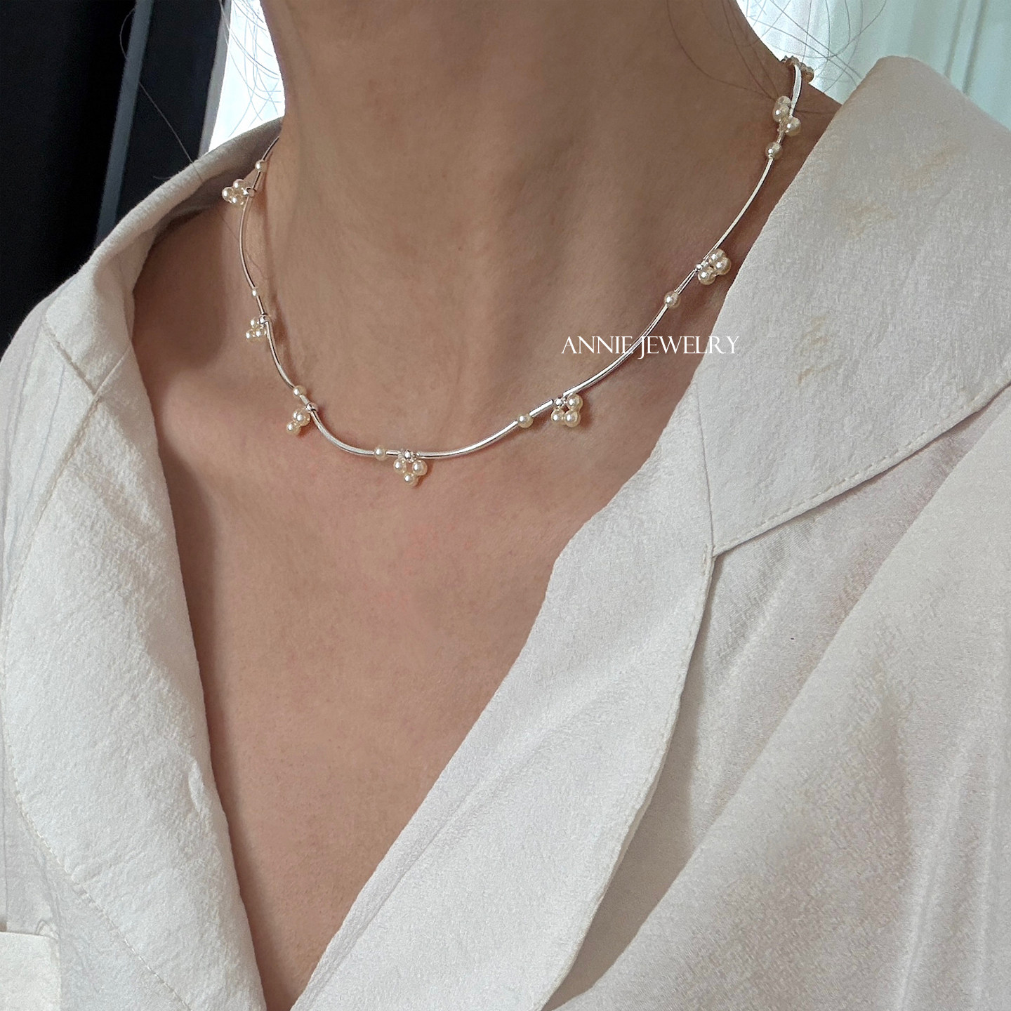 Annie Jewelry简约个性时尚浪漫 温柔复古波浪造型珍珠小花坠项链