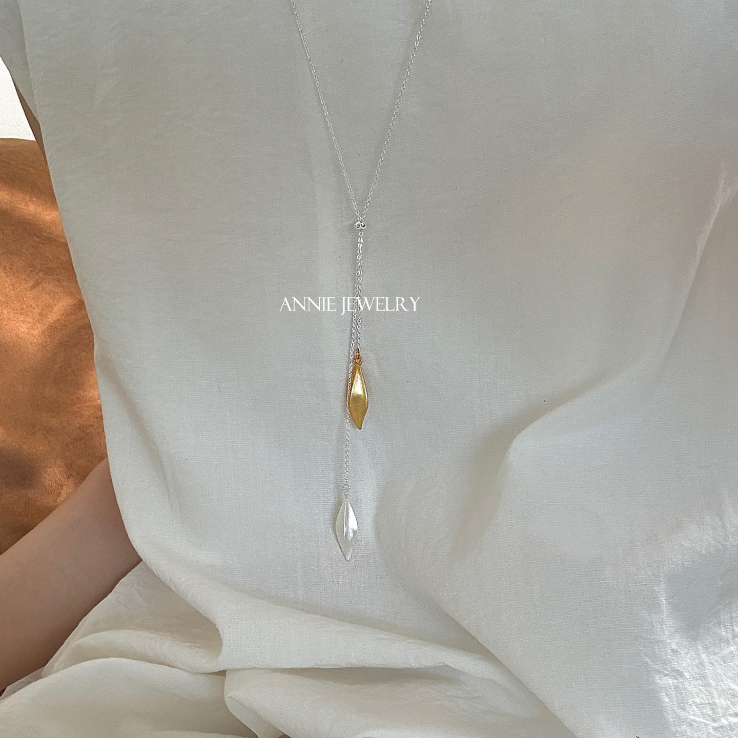 Annie Jewelry复古小众 金银拼色双叶子实心吊坠可调节毛衣长项链