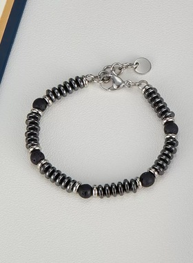 朋克潮酷火山石黑胆石转运珠黑色手链男高级感个性饰品钛钢手饰