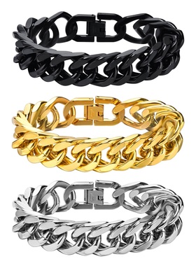 帅气黑色双织磨链钛钢手链欧美男
