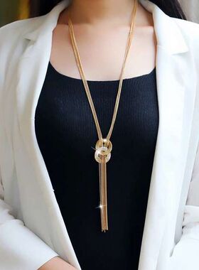 金色双圈女士毛衣链流苏长款项链