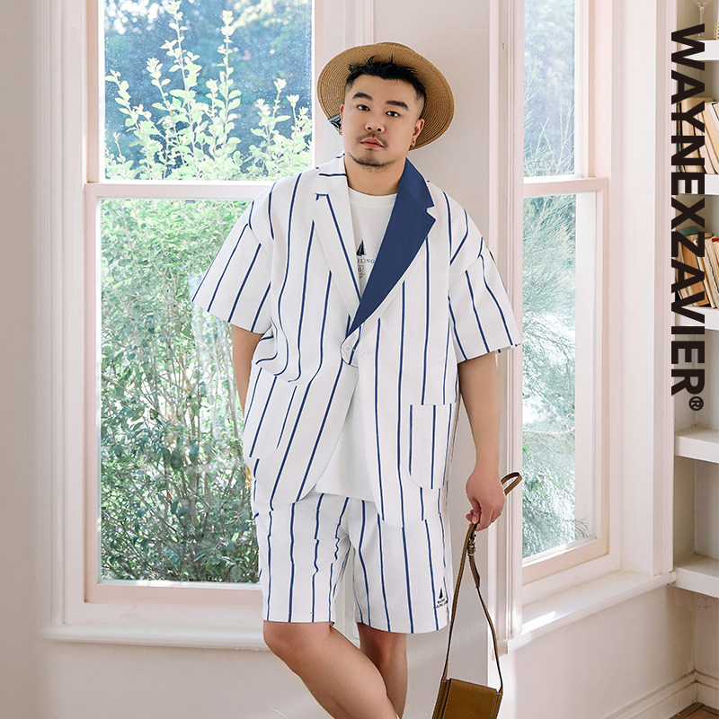 GEEEKPANDA宽松大码男夏不对称平驳可拆领条纹短袖西服西装9432