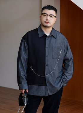 GEEEKPANDA加大宽松大码男秋冬翻领条纹拼接长袖衬衫送装饰链9269