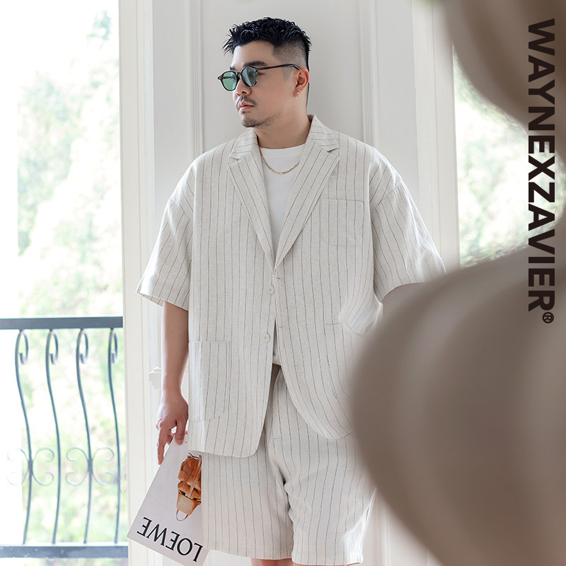 GEEEKPANDA加大宽松大码男平驳领领麻感条纹薄款短袖西服9219,男装,休闲西服,淘宝优惠券,粉丝福利购,淘宝优惠卷