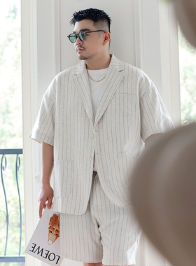 GEEEKPANDA加大宽松大码男平驳领领麻感条纹薄款短袖西服9219
