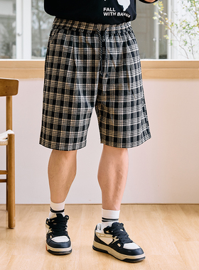 GEEEKPANDA加肥加大宽松大码男夏松紧腰格子宽松遮肉膝下短裤2506
