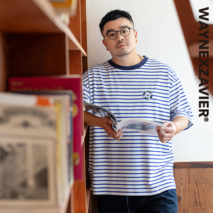 GEEEKPANDA宽松大码 男夏圆领刺绣卡通条纹海军风190g弹力T恤9203