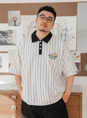 GEEEKPANDA加肥加大男装大码夏撞色翻领卡通印花条纹弹力POLO9165
