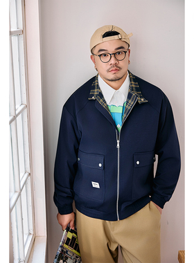 GEEEKPANDA宽松大码男春秋立领格子内衬拉链休闲工装夹克外套2513