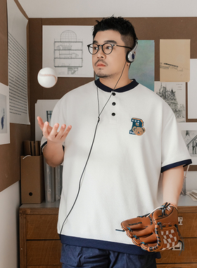 GEEEKPANDA宽松大码男夏学院风棒球领卡通绣花华夫格POLO衫9174