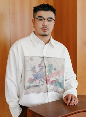 GEEEKPANDA大码休闲商务衬衫男长袖宽松秋季复古印花白色衬衣8743