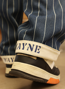 GEEEKPANDA加肥加大宽松大码冬男加绒拼接条纹牛仔直筒长裤9357