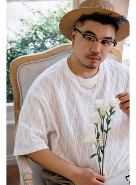 GEEEKPANDA加肥加大宽松大码男夏圆领半透肌理弹力休闲T恤9447