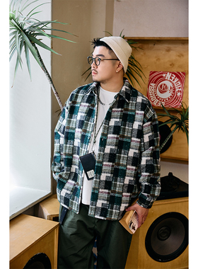 GEEEKPANDA加肥加大宽松大码秋冬男翻领撞色格子长袖休闲衬衫9355