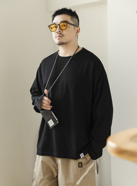 GEEEKPANDA大码日系潮宽松圆领百搭基础纯棉纯色长袖T恤男8809