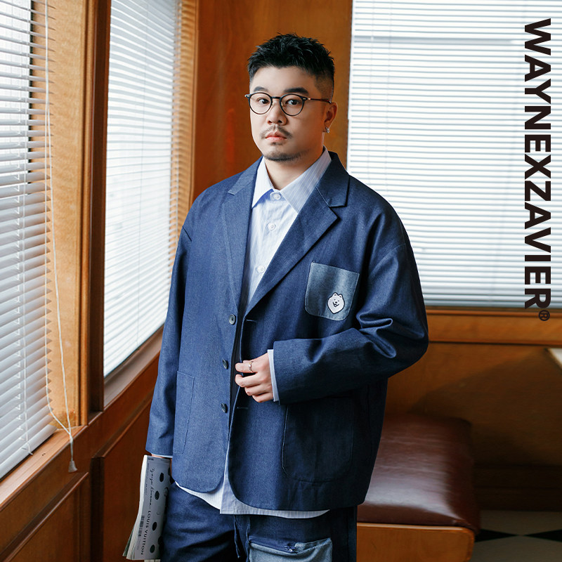 GEEEKPANDA加肥加大宽松大码西装领撞色印花绣花牛仔外套男9027