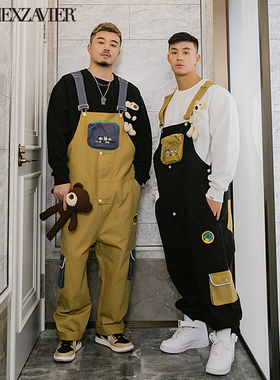 GEEEKPANDA加肥加大卡通休闲大码宽松撞色刺绣背带长裤男学生6718