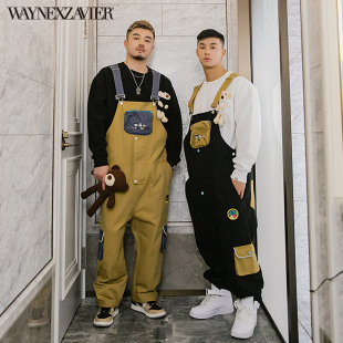 GEEEKPANDA加肥加大卡通休闲大码 男学生6718 宽松撞色刺绣背带长裤