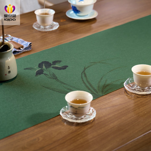爱奇葩新中式禅意墨绿防水茶桌旗