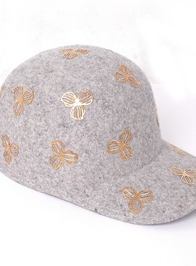 新款金花朵装饰点缀图案混灰色毛呢鸭舌帽女潮四季时尚帽子包邮
