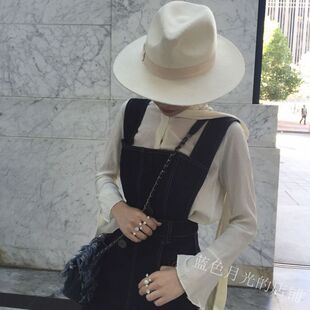 新品小香风礼帽羊毛呢爵士帽明星名媛优雅宽檐帽子alu同款韩国女