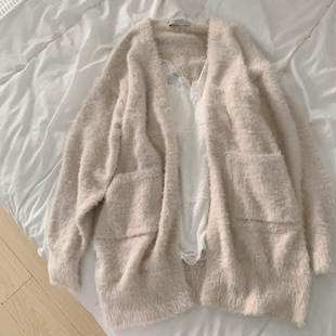 日系软糯毛茸茸仿貂绒仙女毛衣长袖中长款开衫甜妹宽松外套女春秋