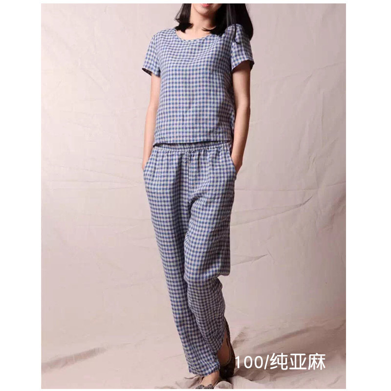亚麻休闲套装女外穿散步两件套文艺气质短袖长裤起居服家居服春夏