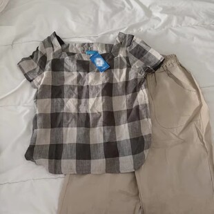 亚麻睡衣女夏季文艺复古格子短袖家居服宽松麻料休闲茶服衬衫上衣