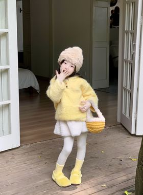 女宝加绒黄色卫衣2025秋冬季毛衣加厚儿童韩版连帽毛毛半身裙套装