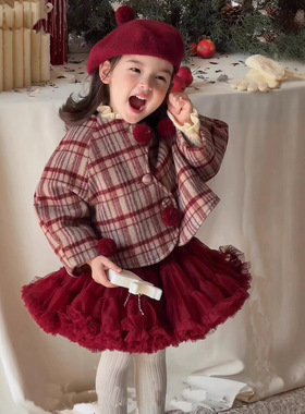 配tutu裙上装长袖秋冬季外套红色蓬蓬纱两件套女宝宝生日过年衣服