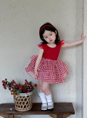 2025夏季薄款tutu裙套装女宝宝生日衣服红色格子蓬蓬裙洋气公主裙