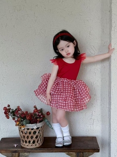 女宝宝生日衣服红色格子蓬蓬裙洋气公主裙 tutu裙套装 2025夏季 薄款