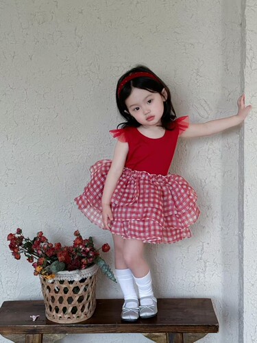 2026夏季薄款tutu裙套装女宝宝生日衣服红色格子蓬蓬裙洋气公主裙