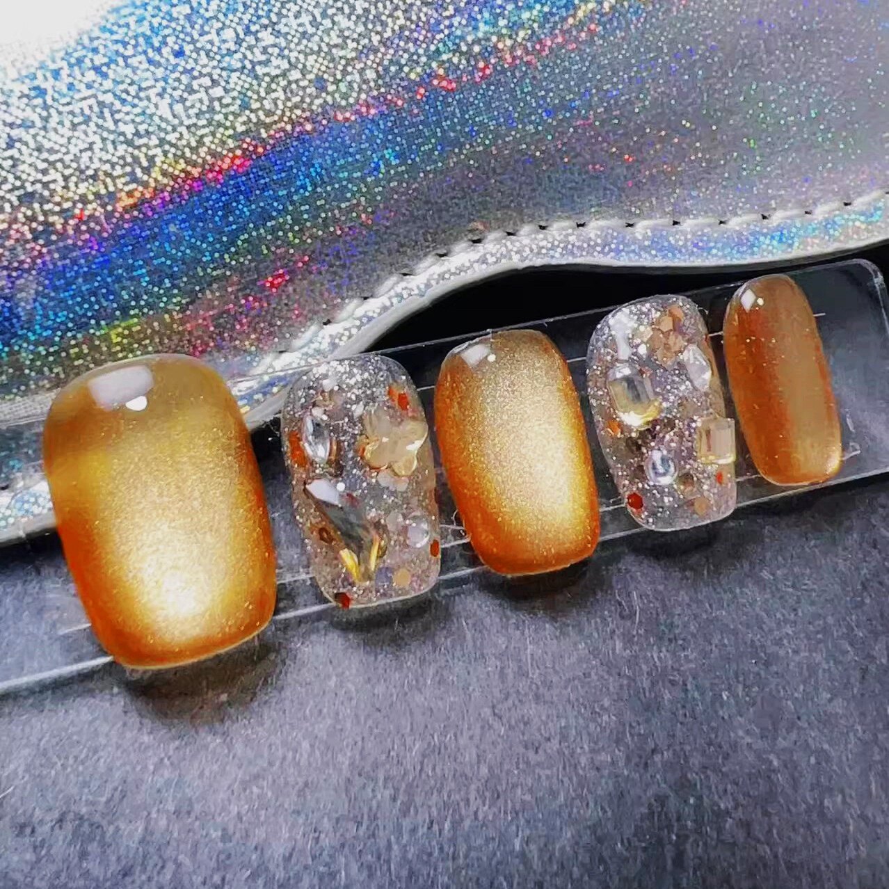 纯手工穿戴甲【棕金流沙】短款猫眼高级感定制 气质显白 美甲贴片